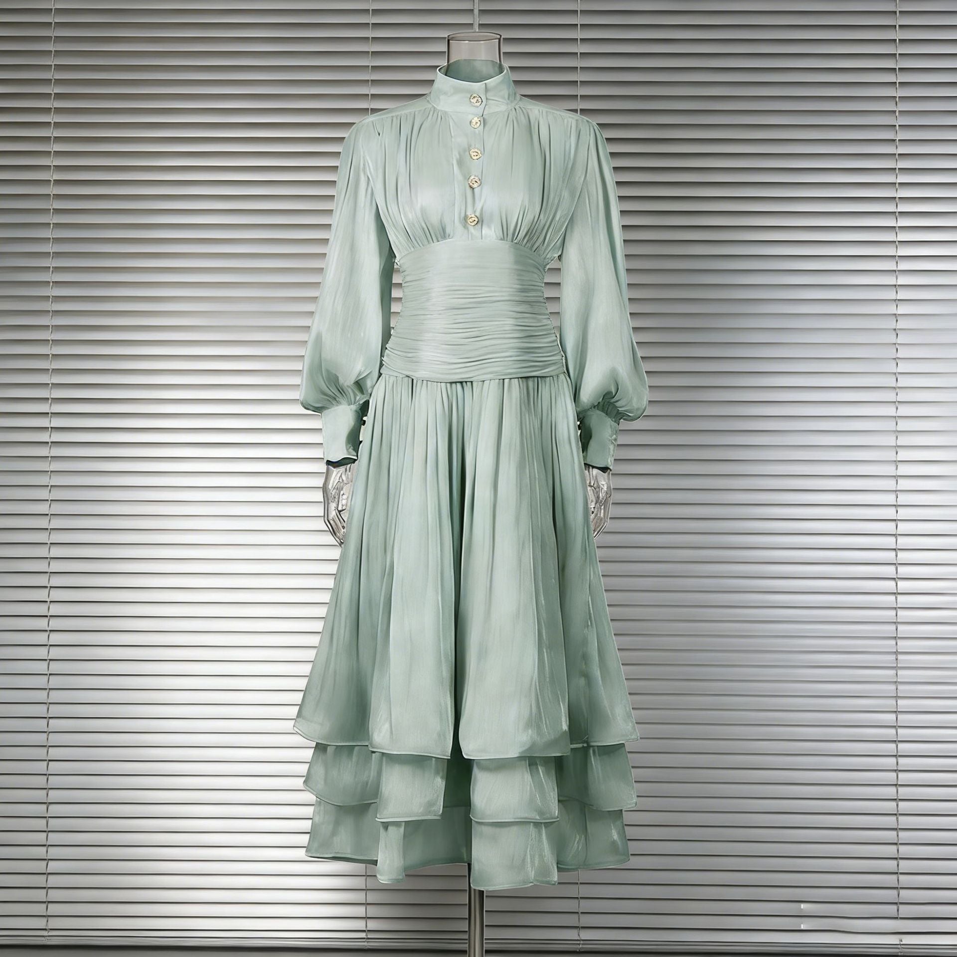 Spring Elegant Retro Lantern Sleeve Breasted Ruffled Maxi Dress Waist Slimming Dress