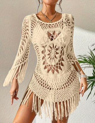 Women's Crochet Beach Cover-Up Tassel Cutout Three-Quarter Sleeve Round Neck