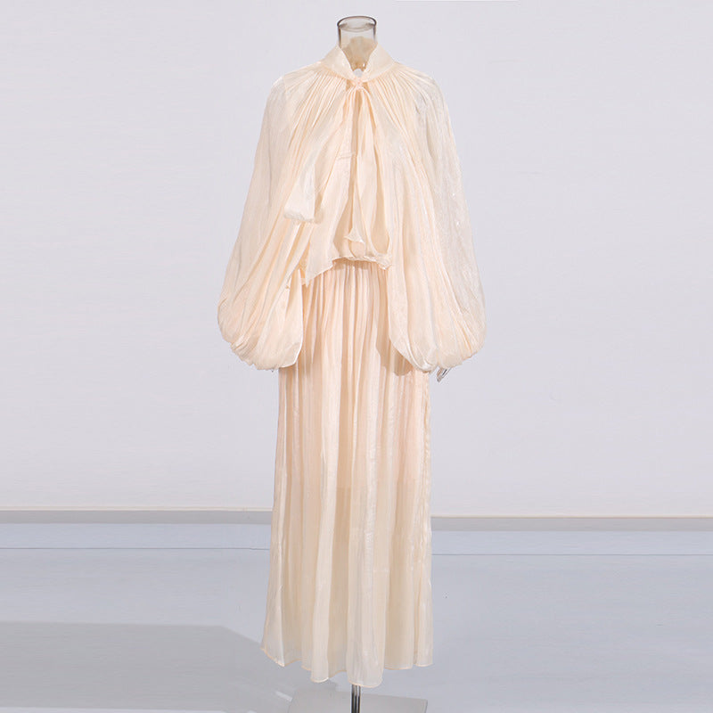 Niche High Grade Maxi Dress Autumn Winter Design Batwing Sleeve Lace up Dress Women