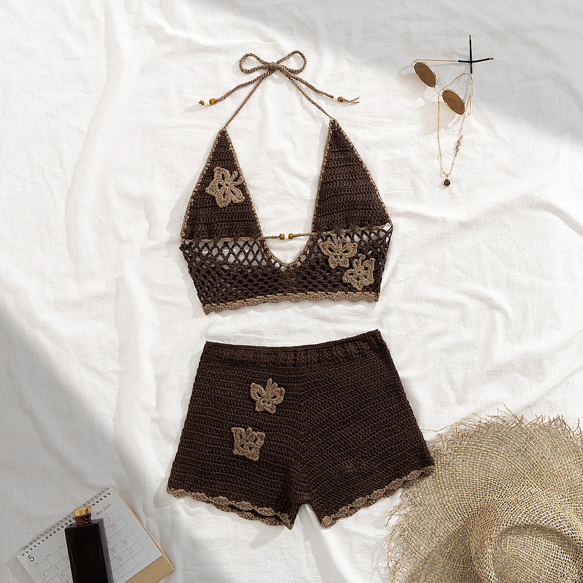Knitted Lace up Sexy Cutout Split Swimsuit Women High Waist Shorts Bikini Two Piece Sets