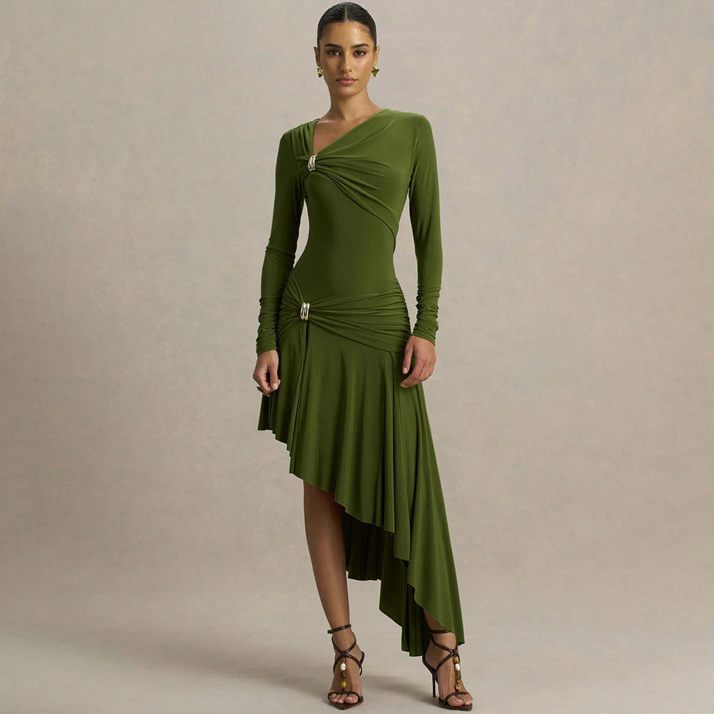 Bella Mia Autumn Winter Graceful Fashionable Women Slim Dress Sexy Pleated Irregular Asymmetric Maxi Dress — main product shot