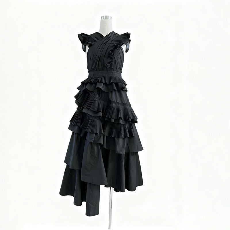 Spring Elegant Elegant Wooden Ear Stitching High Grade V neck Cross Maxi Dress Women Clothing