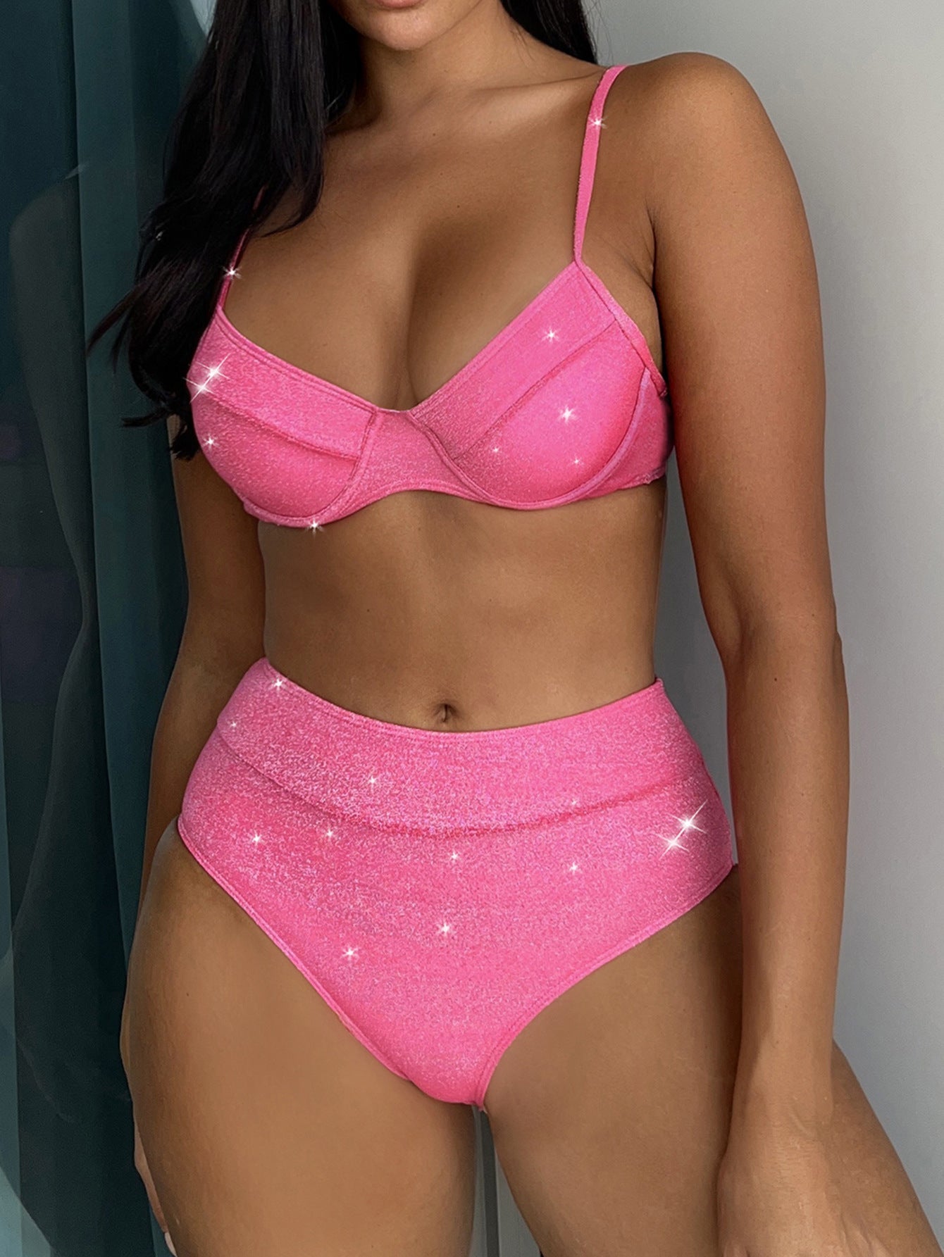 Bella Mia Women Seperated Swimwear Gold Silver Silk Sexy Steel Bracket High Waist Flash — detail and construction