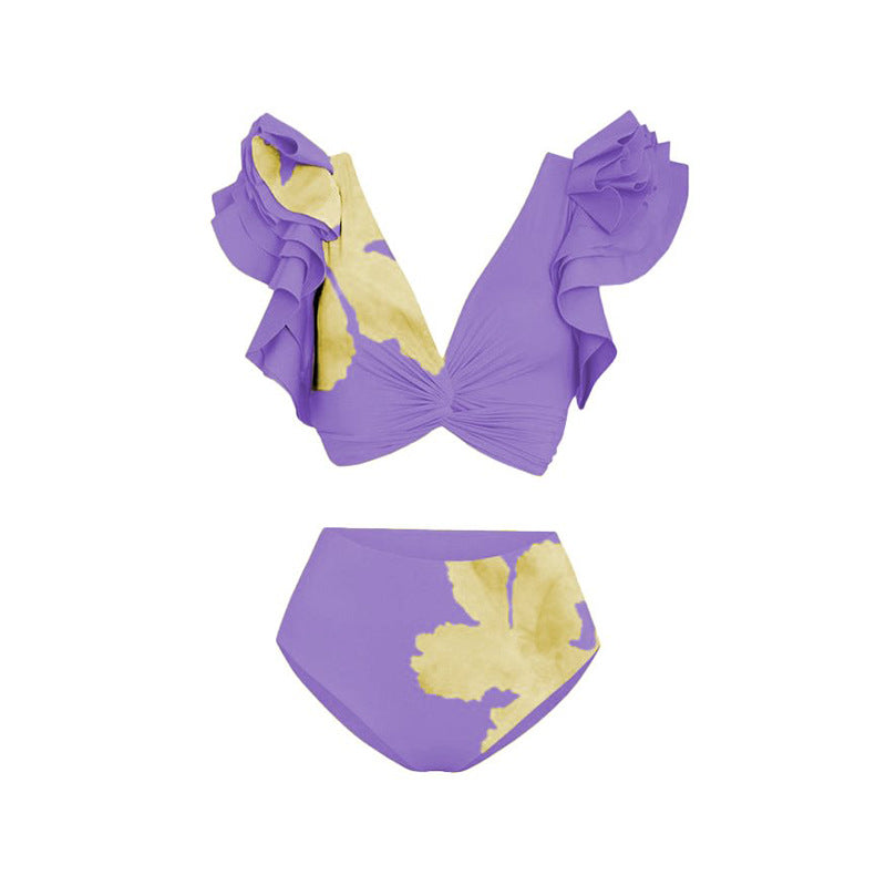 Split Bikini Lotus Sleeve High Waisted Trousers Sexy Slimming Swimsuit Women Floral