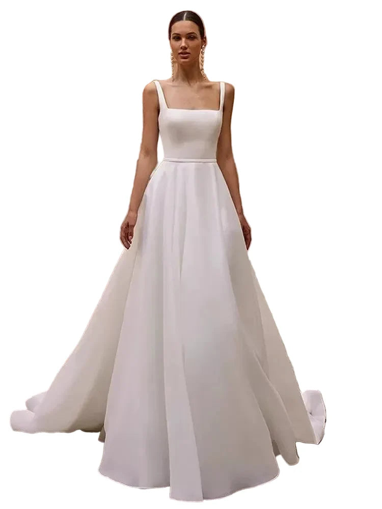 Spaghetti Strap Satin Wedding Dress White Simple