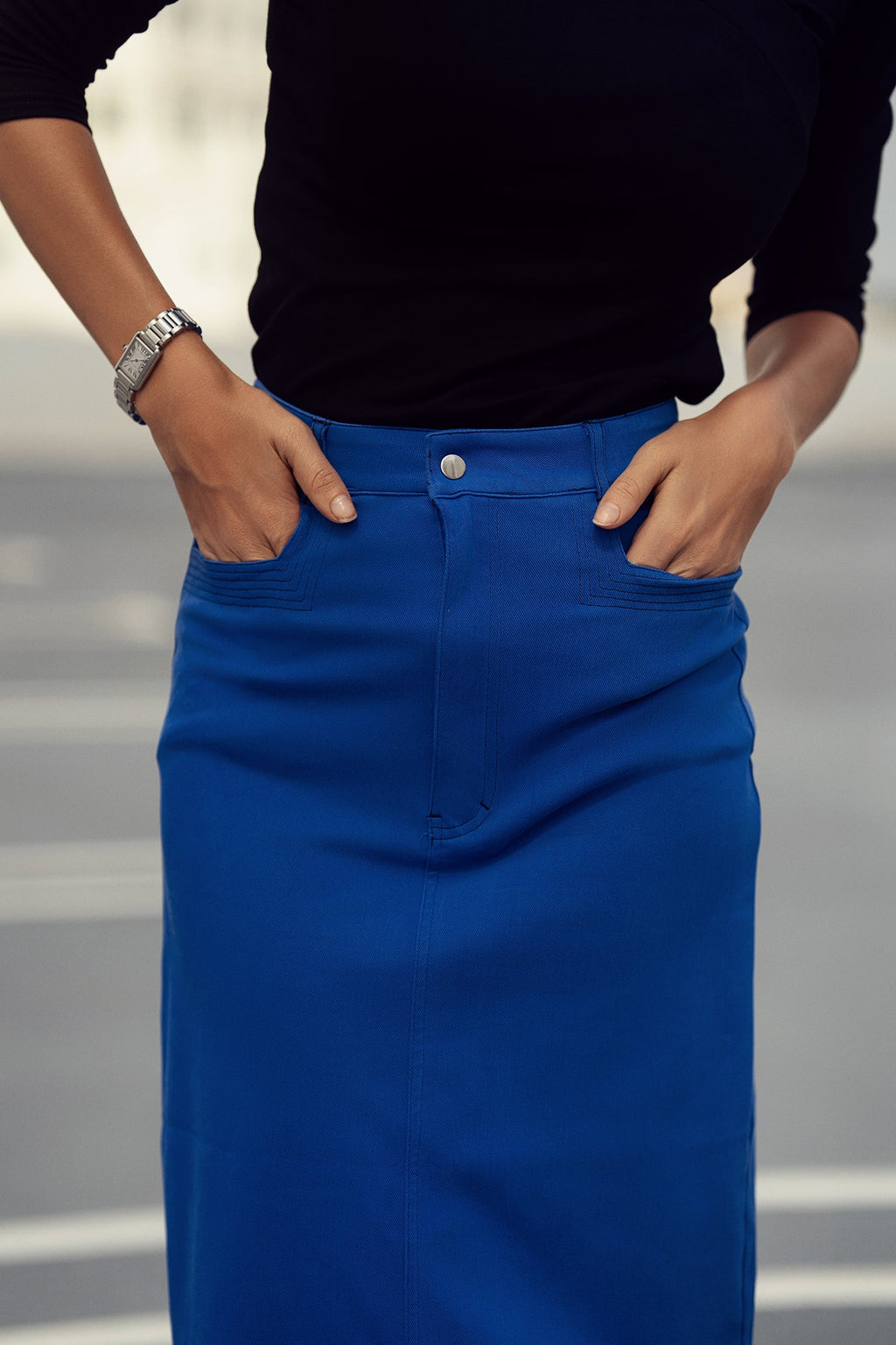 profile-nyc STRETCH COLORED DENIM  SKIRT — back view