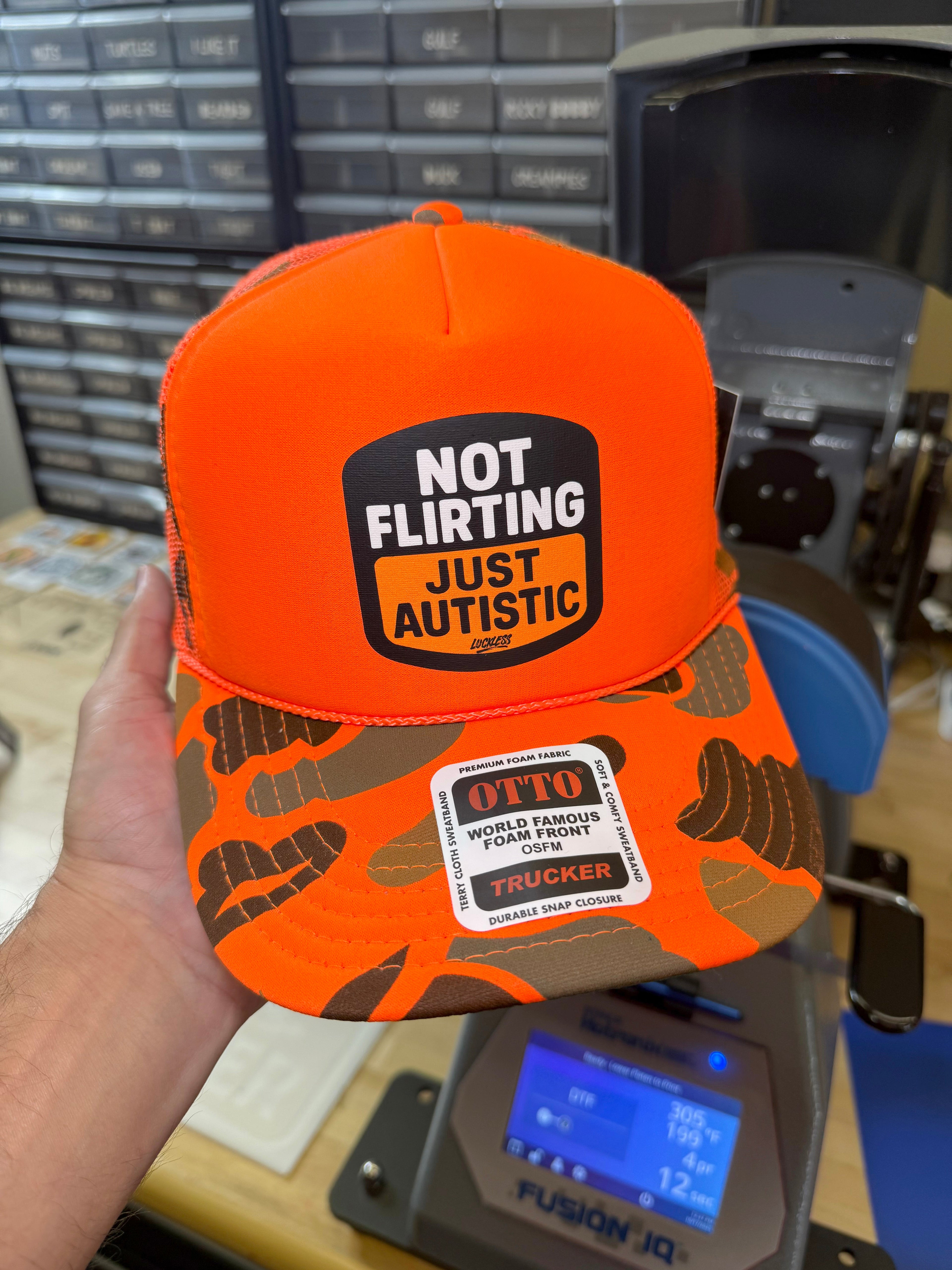 Luckless Outfitters Not Flirting Trucker Hat — lifestyle context