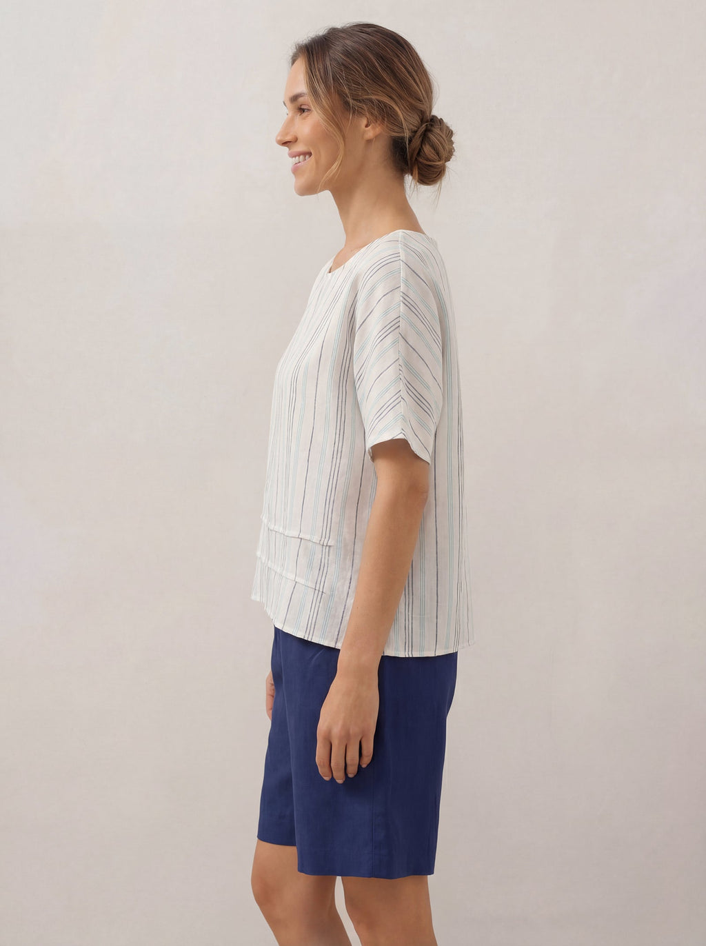 LINTICO LINTICO 100% Linen Pleated Striped Pullover Top VIA — lifestyle worn / used context