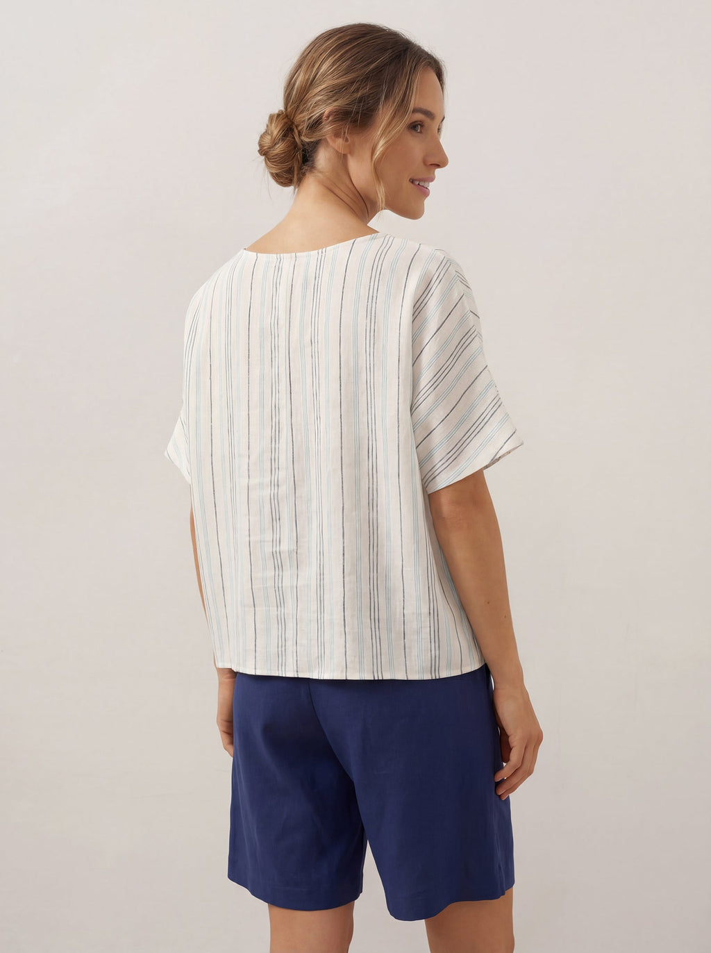 LINTICO LINTICO 100% Linen Pleated Striped Pullover Top VIA — LINTICO branding close-up