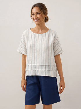 100% Linen Pleated Striped Pullover Top VIA