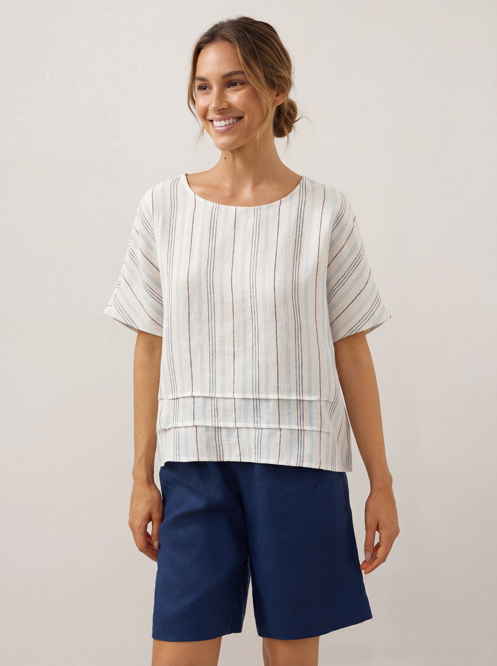 LINTICO LINTICO 100% Linen Pleated Striped Pullover Top VIA — main product shot