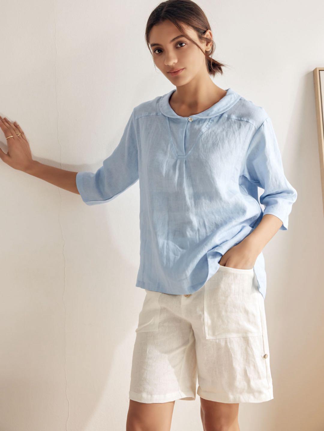 LINTICO 100% Linen Shawl V-Neck Half Sleeve Top JADE — feature highlight