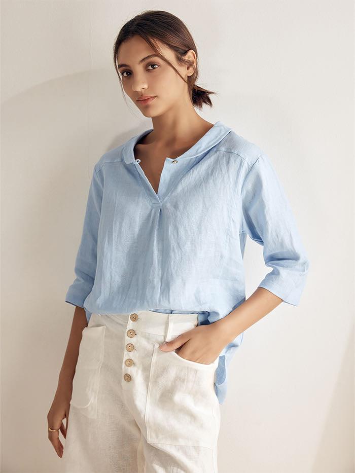LINTICO 100% Linen Shawl V-Neck Half Sleeve Top JADE — lifestyle worn / used context