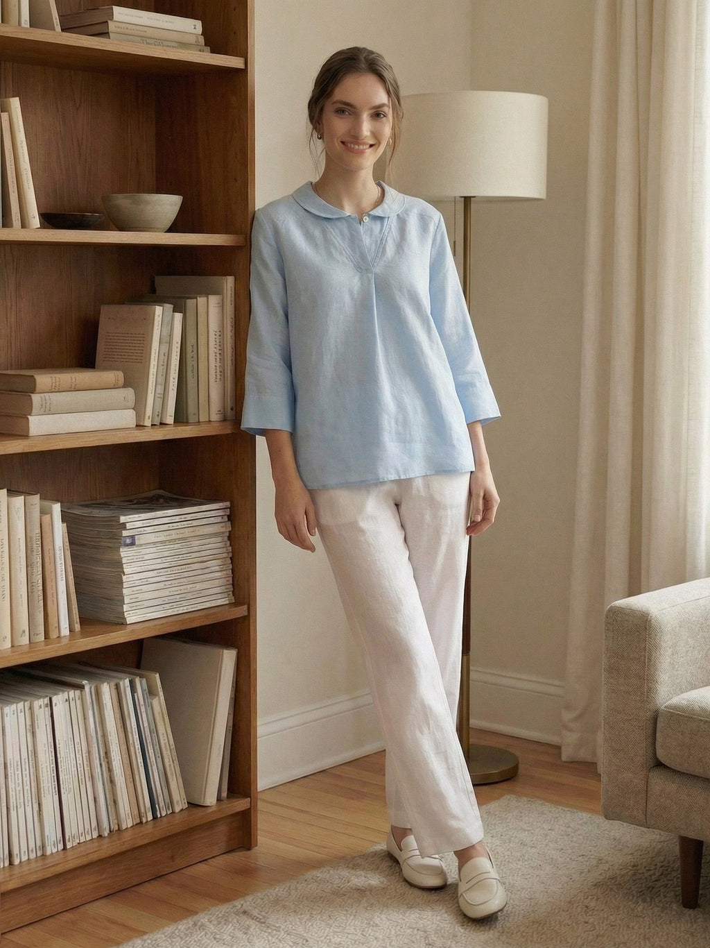 LINTICO 100% Linen Shawl V-Neck Half Sleeve Top JADE — construction detail