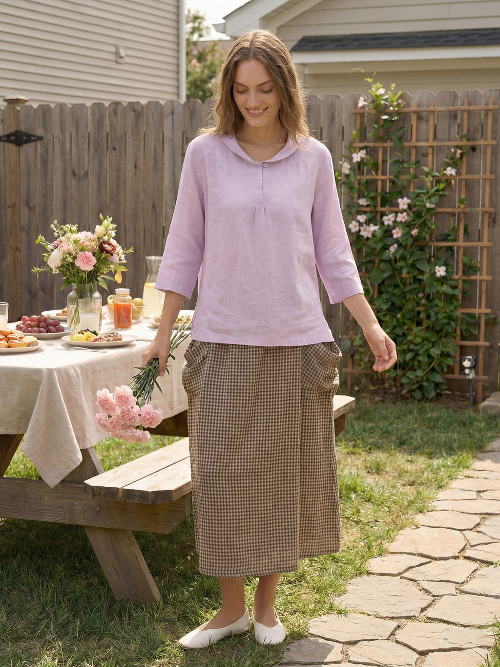 LINTICO 100% Linen Shawl V-Neck Half Sleeve Top JADE — comparison shot