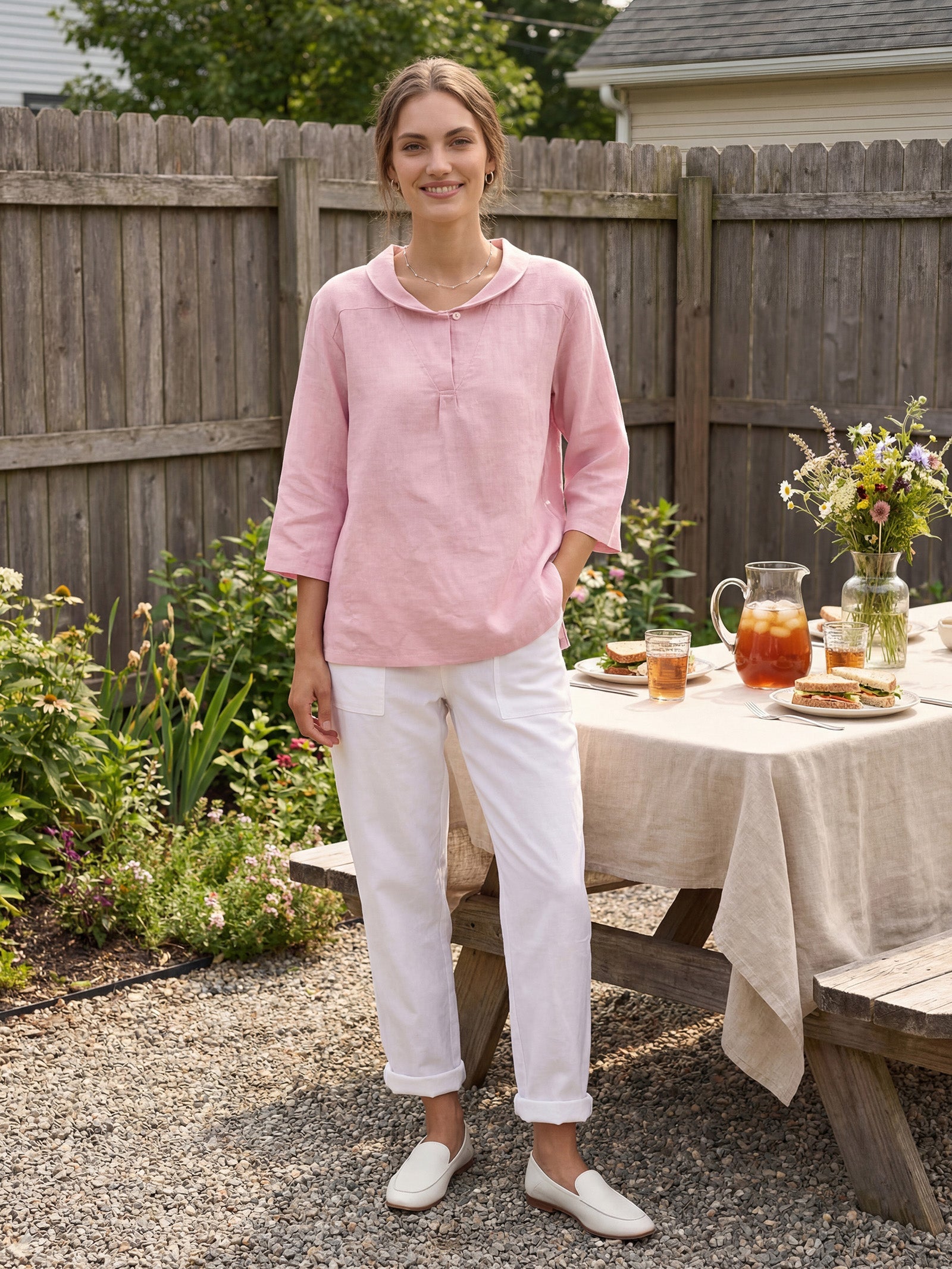 LINTICO 100% Linen Shawl V-Neck Half Sleeve Top JADE — tops-blouses-linen category context