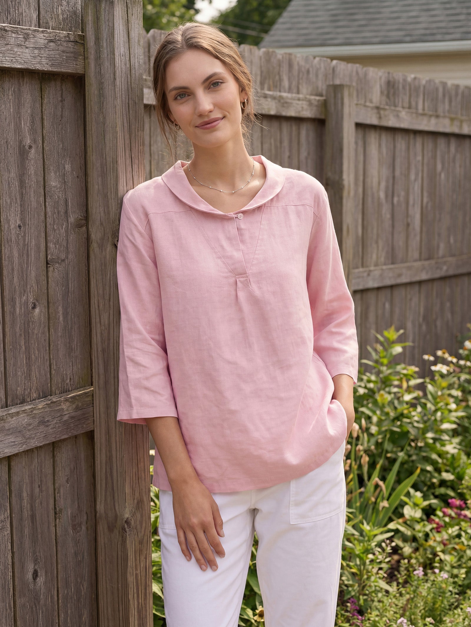 LINTICO 100% Linen Shawl V-Neck Half Sleeve Top JADE — construction detail