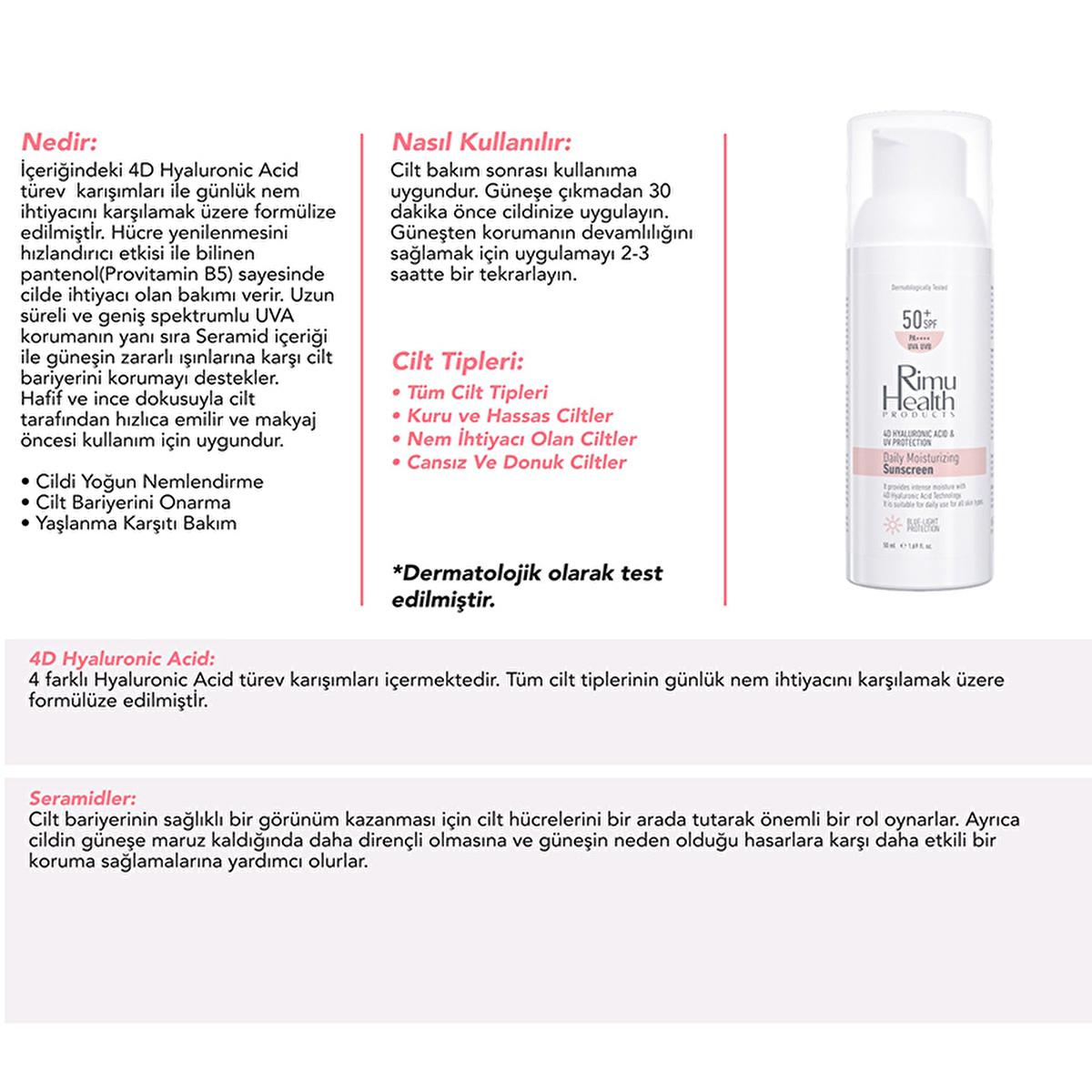 Rimu Health Hyaluronic Acid Daily Sunscreen - SPF UVA/UVB Protection, Lightweight, Moisturizing, Sensitive Skin - 50ml