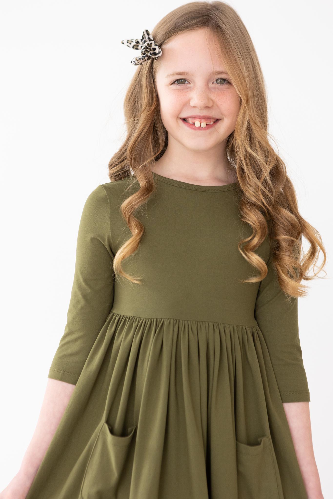 Mila & Rose ® Olive 3/4 Sleeve Pocket Twirl Dress — main product shot