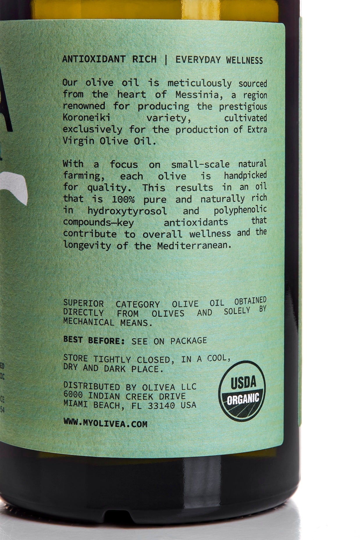 Olivea High Phenolic Extra Virgin Olive Oil — polyphenol level certification label