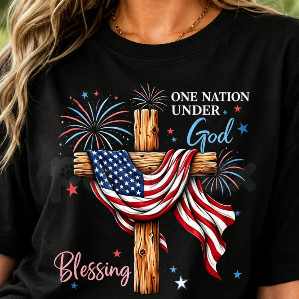 "One Nation Under God" American Flag Cross T-Shirt – Christian Patriotic 4th of July Novelty Faith Graphic Tee