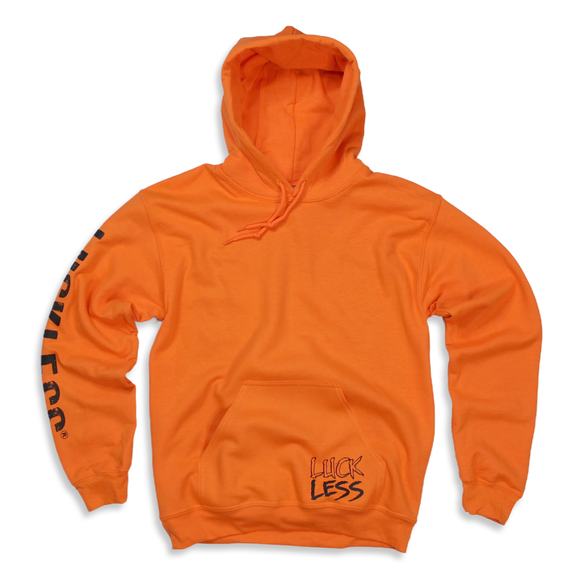 Luckless Outfitters Save a Horse Ride a Blue Collar Man Neon Orange Hoodie — detail close-up
