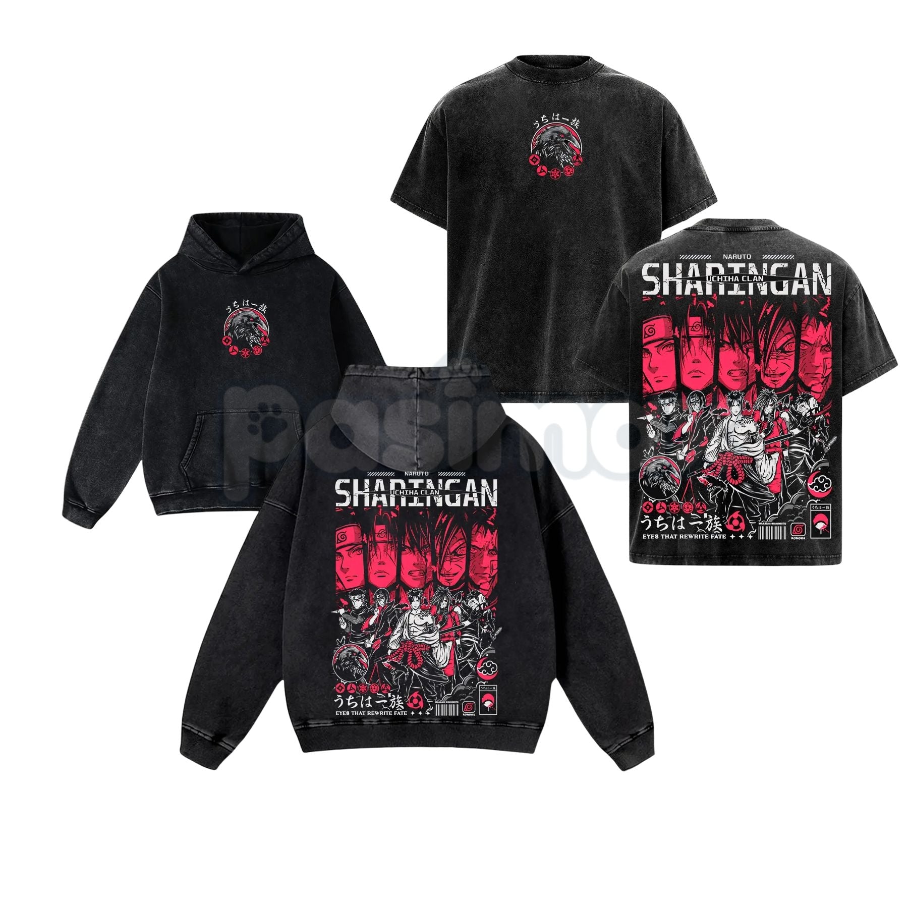 Pasimax Otaku Lux Uchiha Clan Sharingan T-Shirt – Retro Vintage Washed Naruto Anime Graphic Tee — main product shot