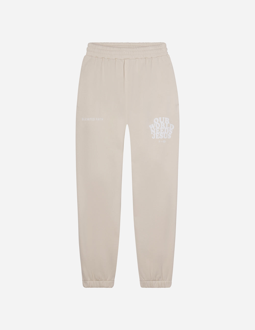 Elevated Faith Our World Needs Jesus Beige Unisex Sweatpant — back view