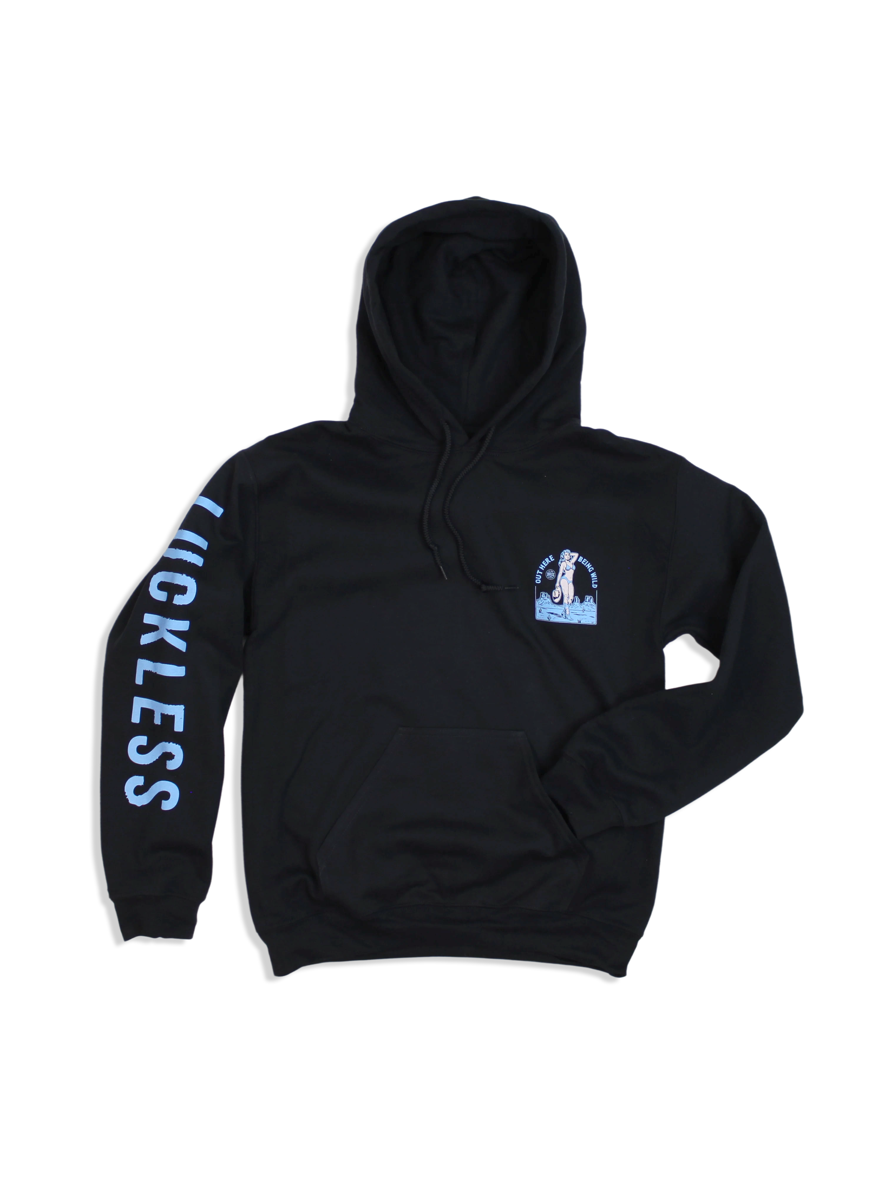Luckless Outfitters Out Here Being Wild Hoodie in Dew Blue — detail close-up