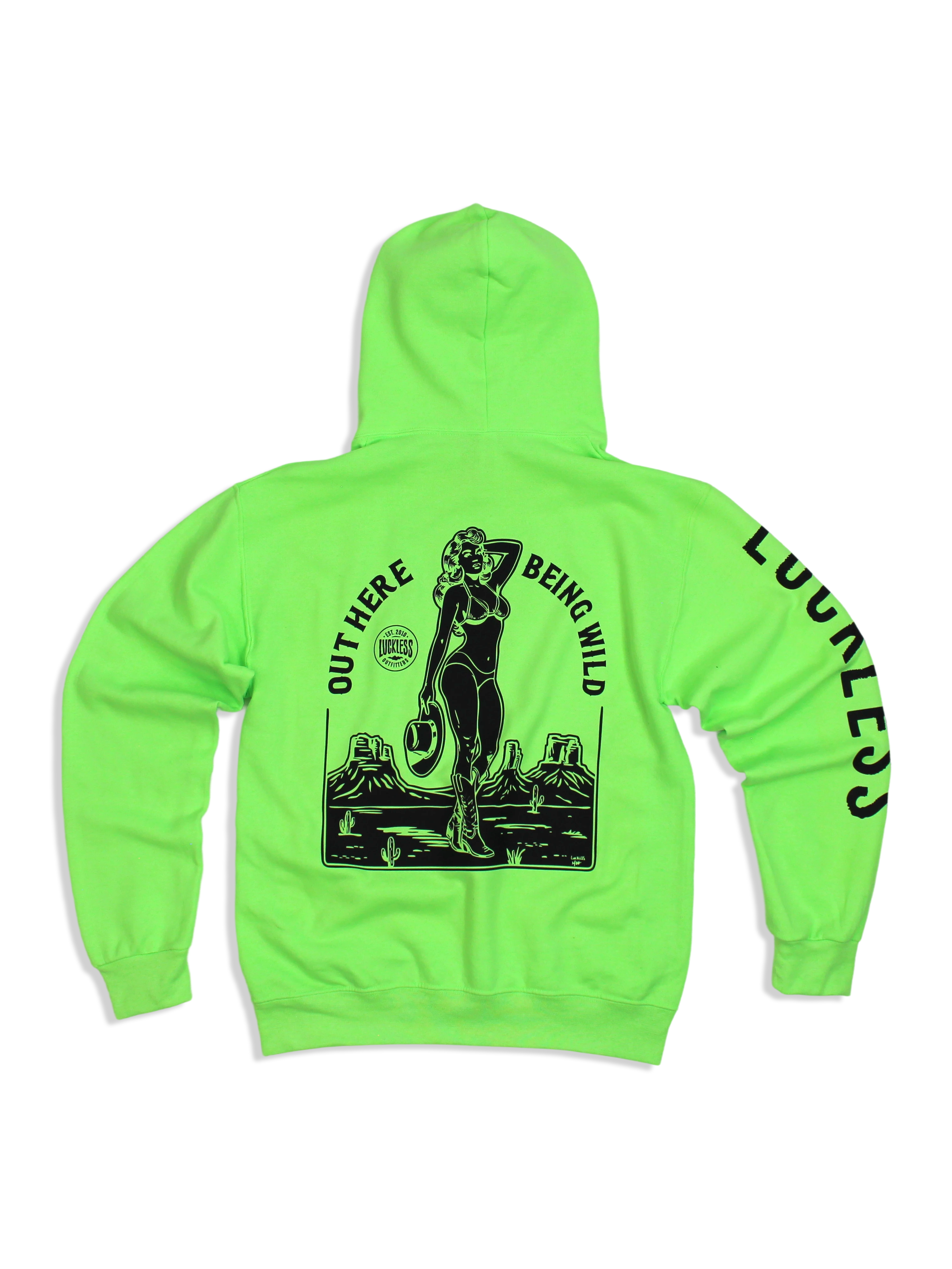 Luckless Outfitters Out Here Being Wild Neon Green Hoodie — main product shot