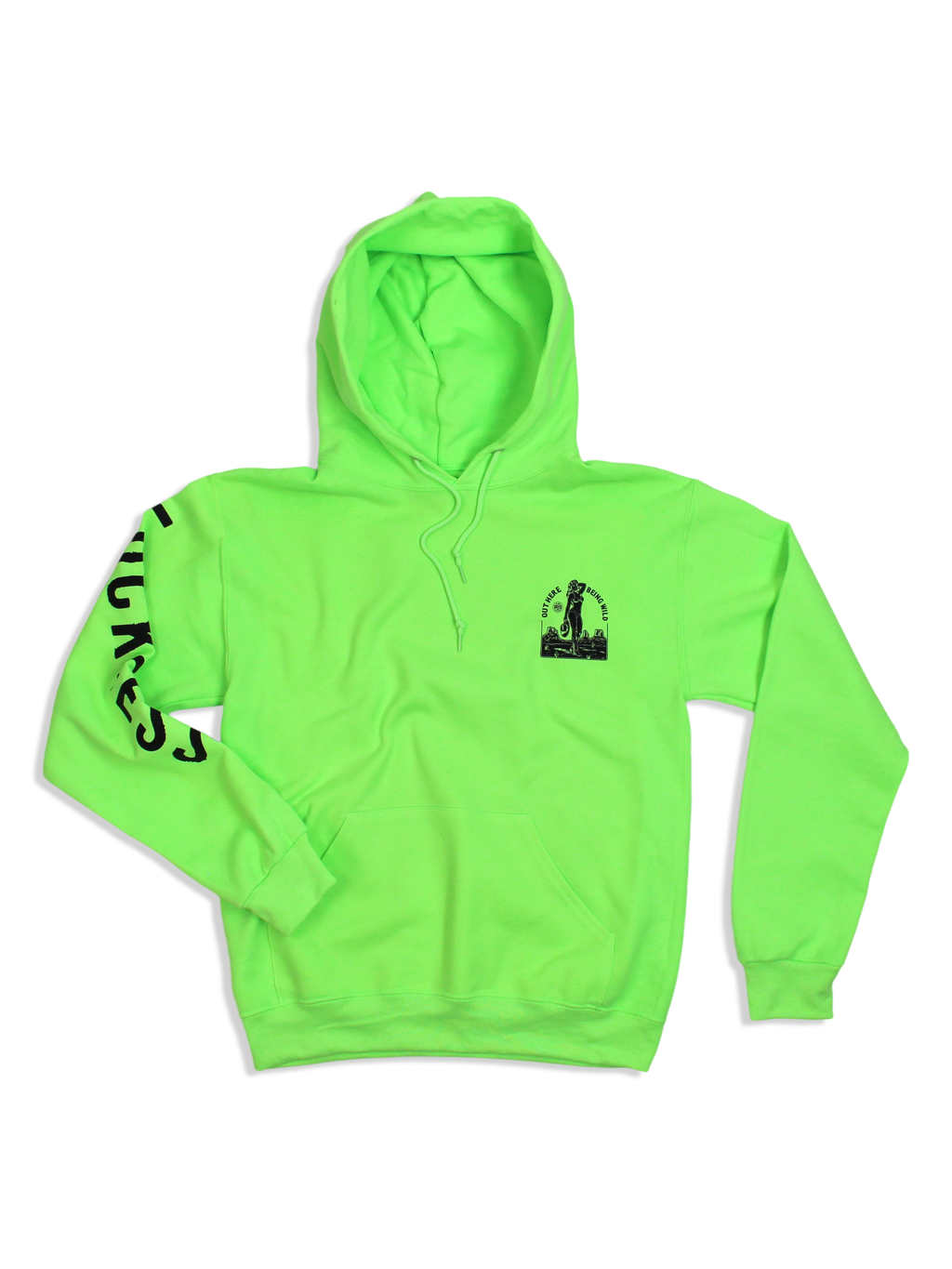 Luckless Outfitters Out Here Being Wild Neon Green Hoodie — detail close-up