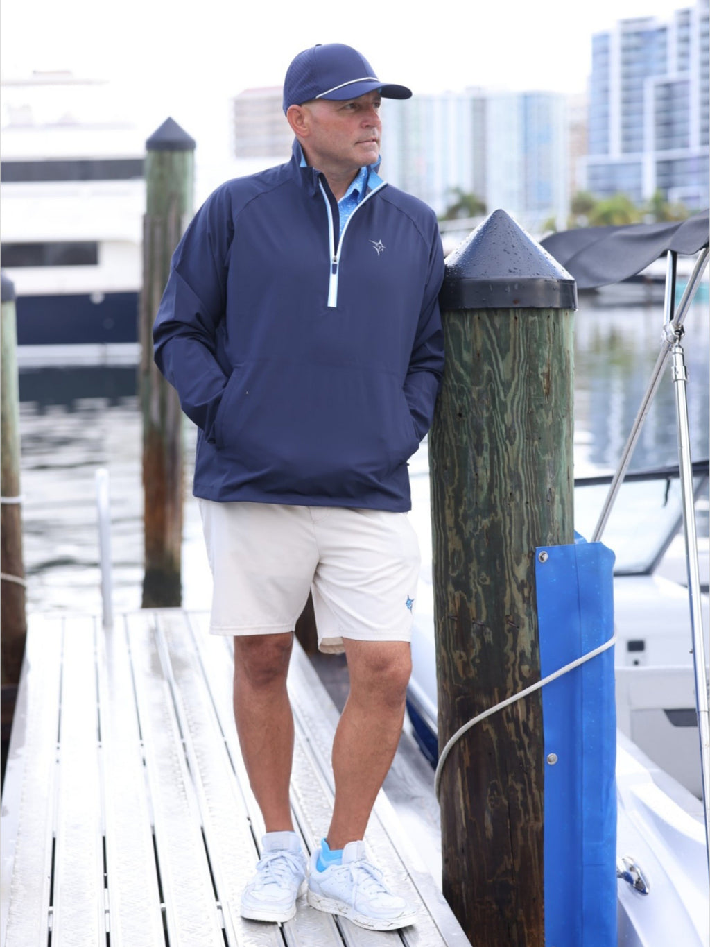 White Water Life Palm Beach Waterproof Quarter Zip — White Water Life branding close-up