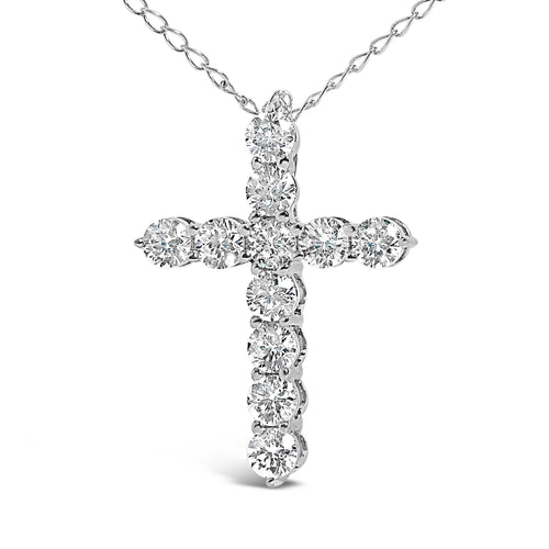 14K White Gold 1/2 Cttw Lab Grown Diamond 11 Stone Cross Pendant Necklace