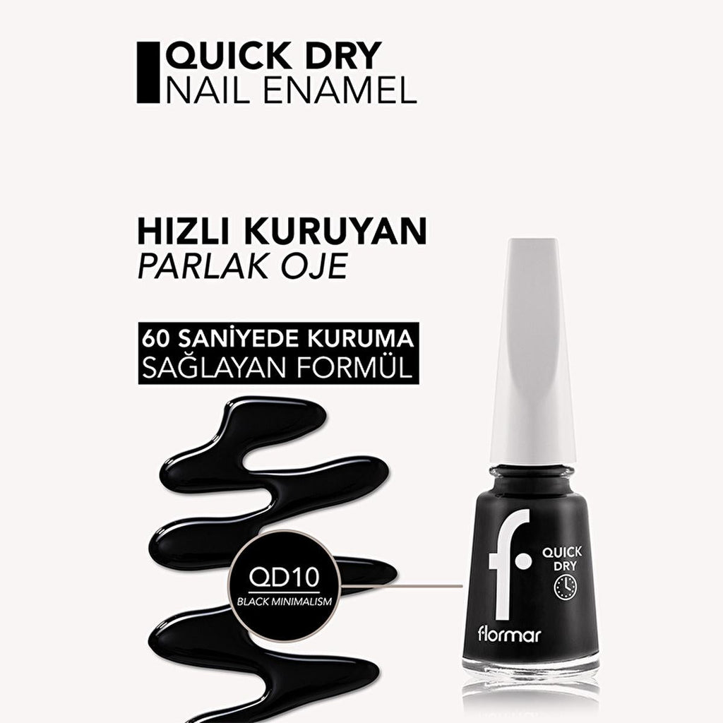 Flormar Quick Dry Nail Polish - 60-Second Drying, Highly Pigmented, Long-Lasting Nail Color - Black Minimalism