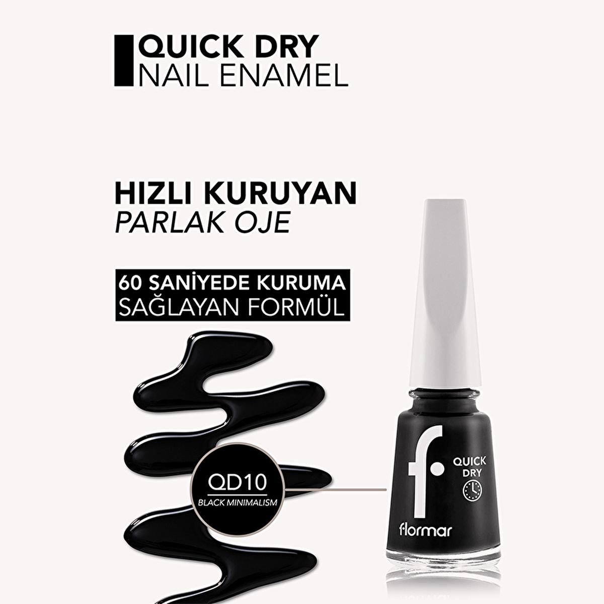 Flormar Quick Dry Nail Polish - 60-Second Drying, Highly Pigmented, Long-Lasting Nail Color - Black Minimalism