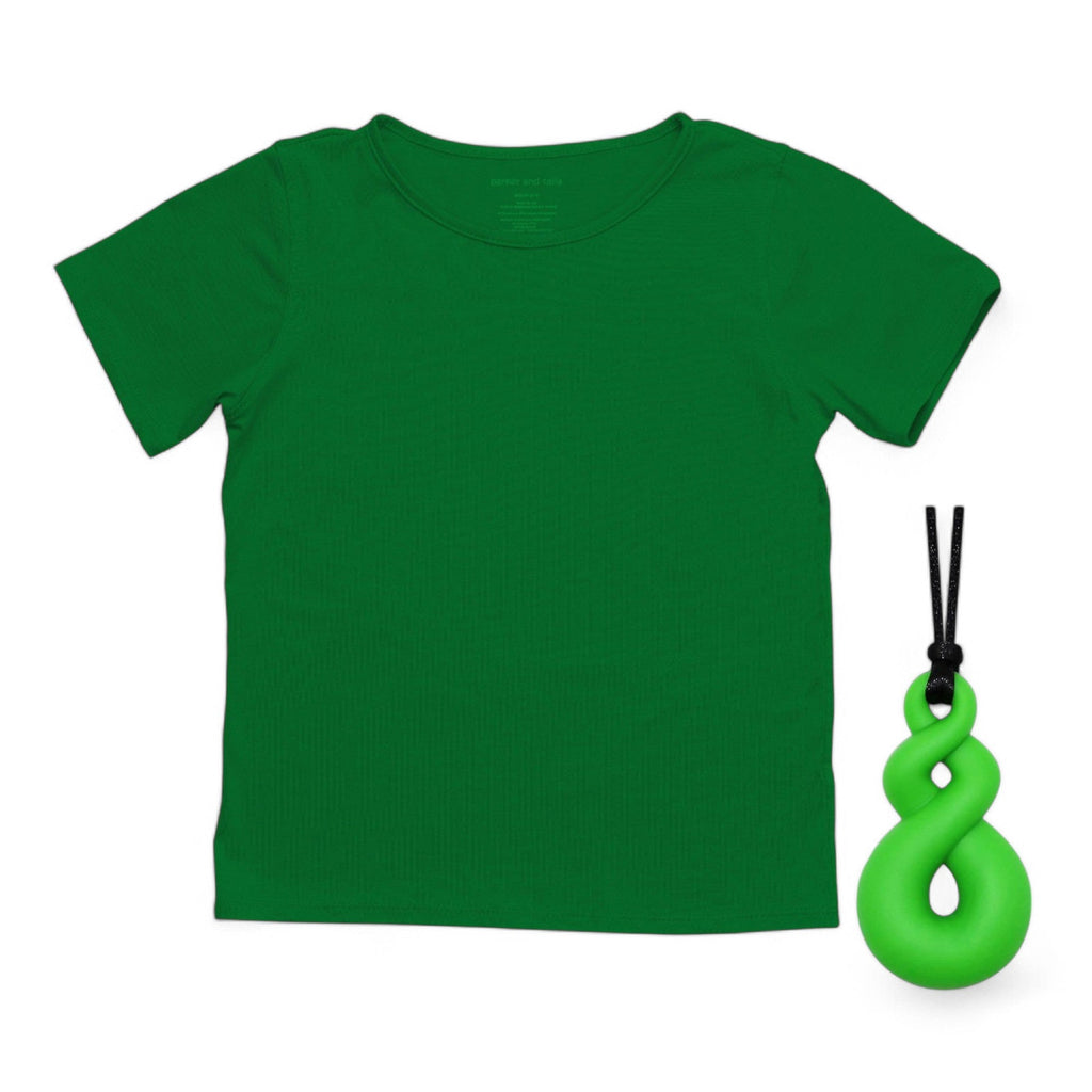 ParkerandTalia The Everday Sensory Friendly Green Tee w Chewy Necklace Bundle — sensory-friendly tee