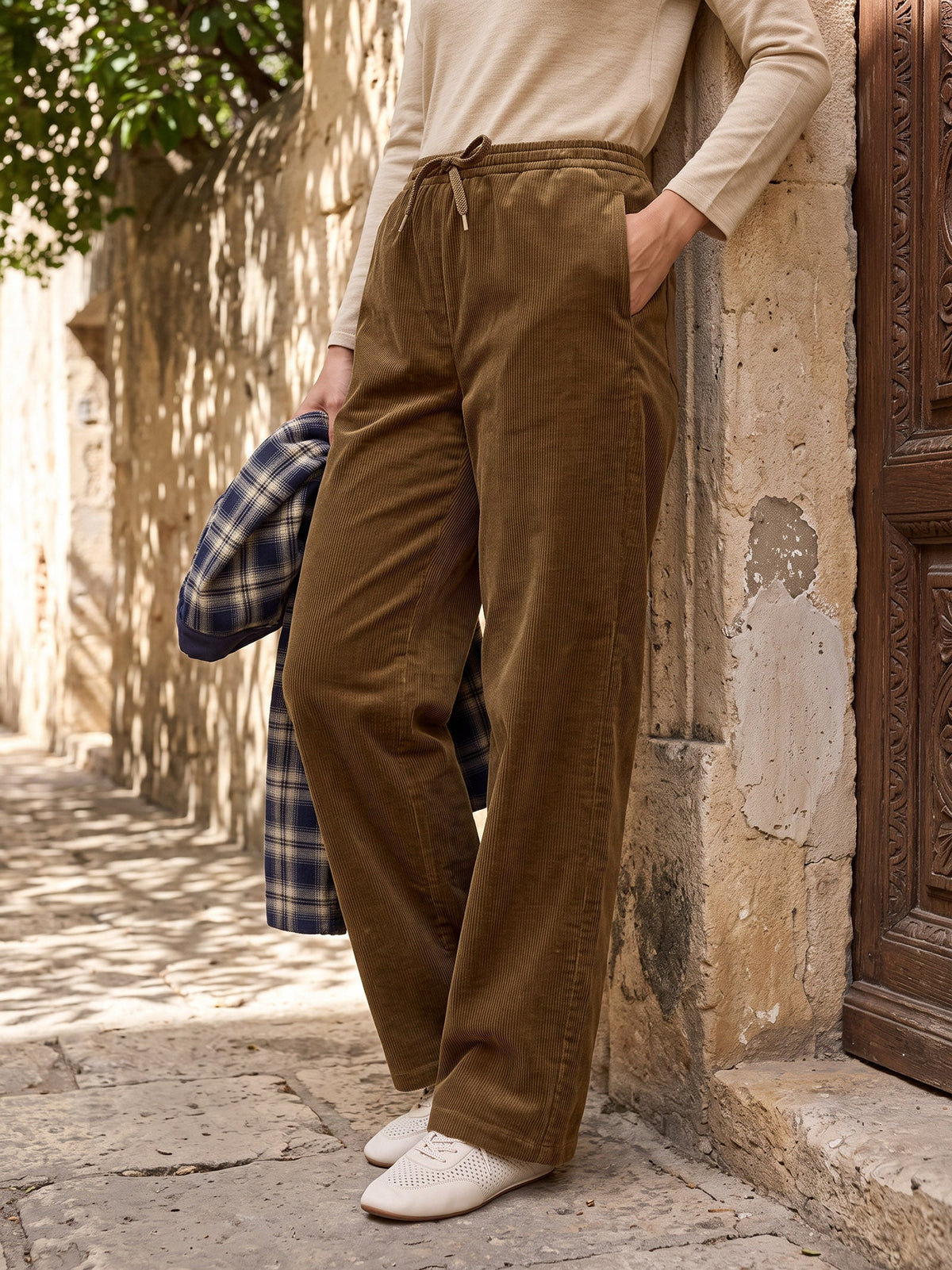Organic Cotton Corduroy Drawstring Waist Straight Leg Pants ALORA