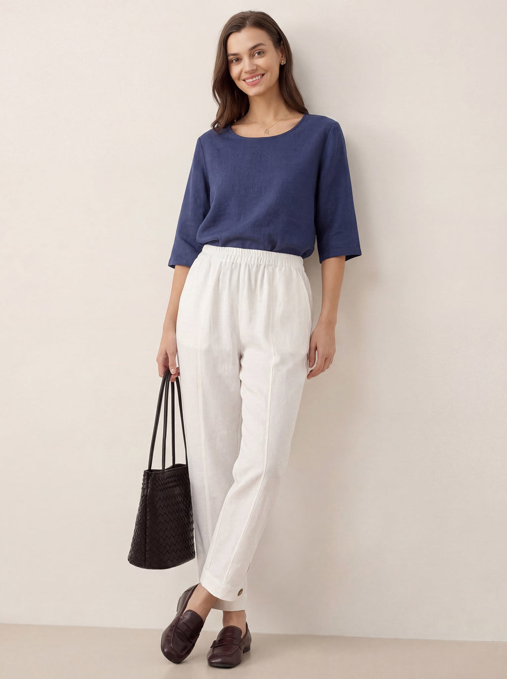 LINTICO 100% Linen Straight-Leg Pants with Elastic Waist PATRICE — lifestyle worn / used context