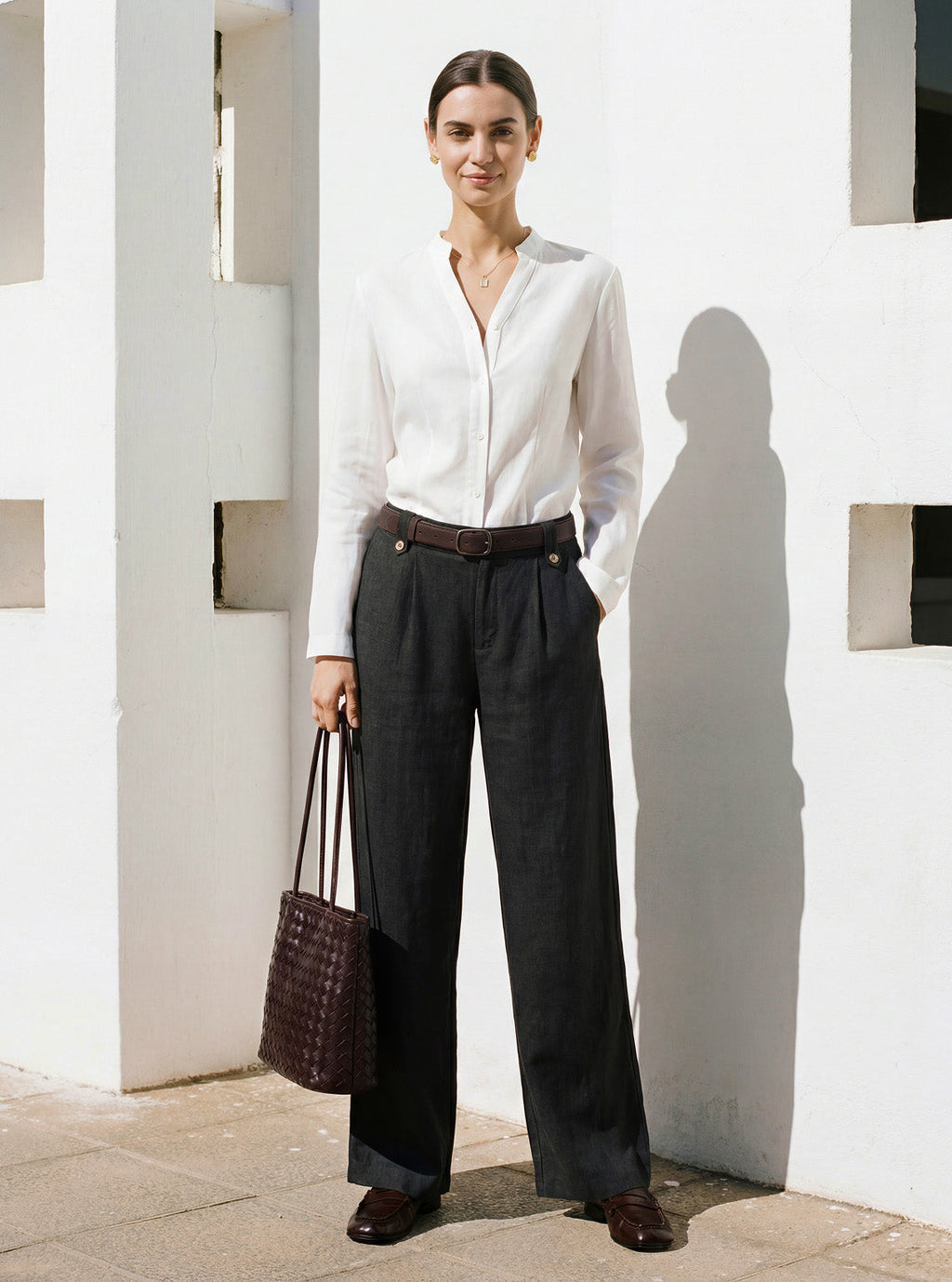 LINTICO Linen-Lyocell Pleated Wide Leg Trousers with Back Elastic & Button Detail… — detail shot 9
