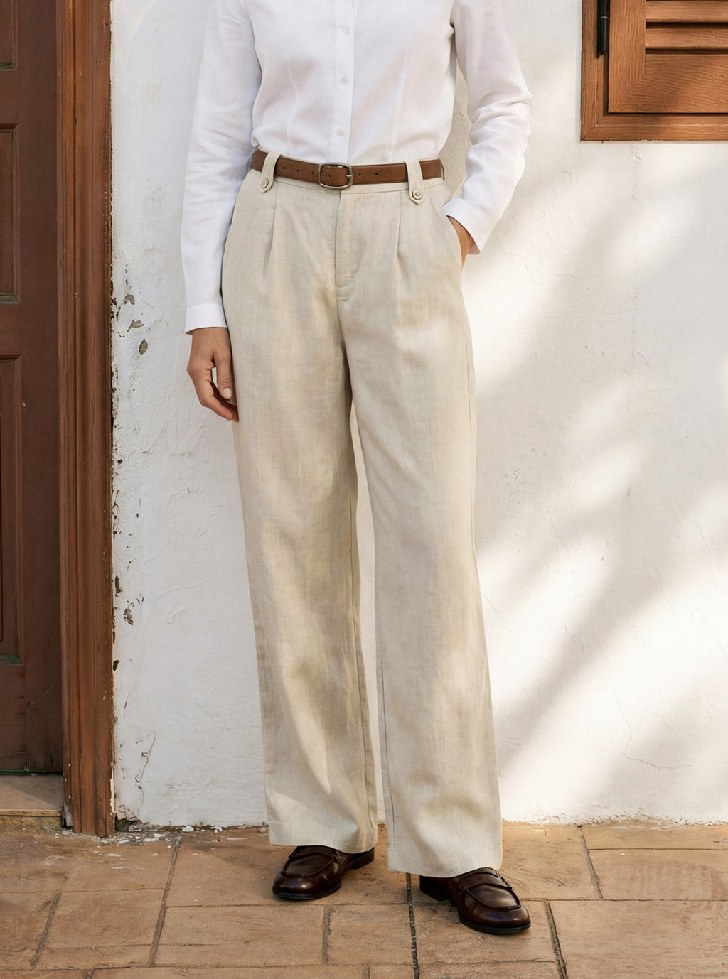 LINTICO Linen-Lyocell Pleated Wide Leg Trousers with Back Elastic & Button Detail… — construction detail