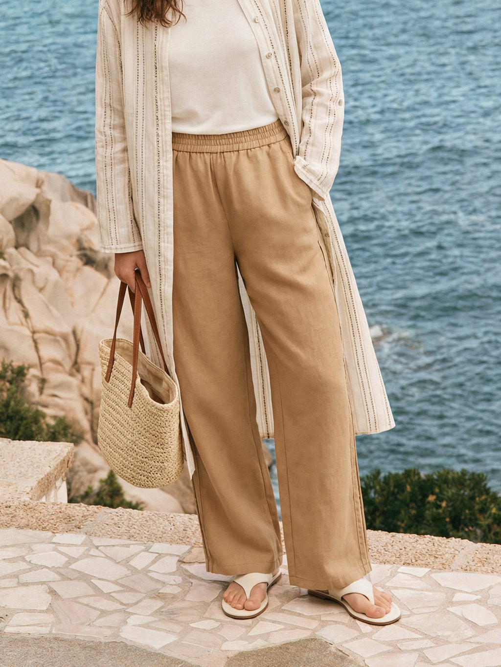 LINTICO 100% Linen Hemstitch Wide Leg Trousers LEONTINE — construction detail