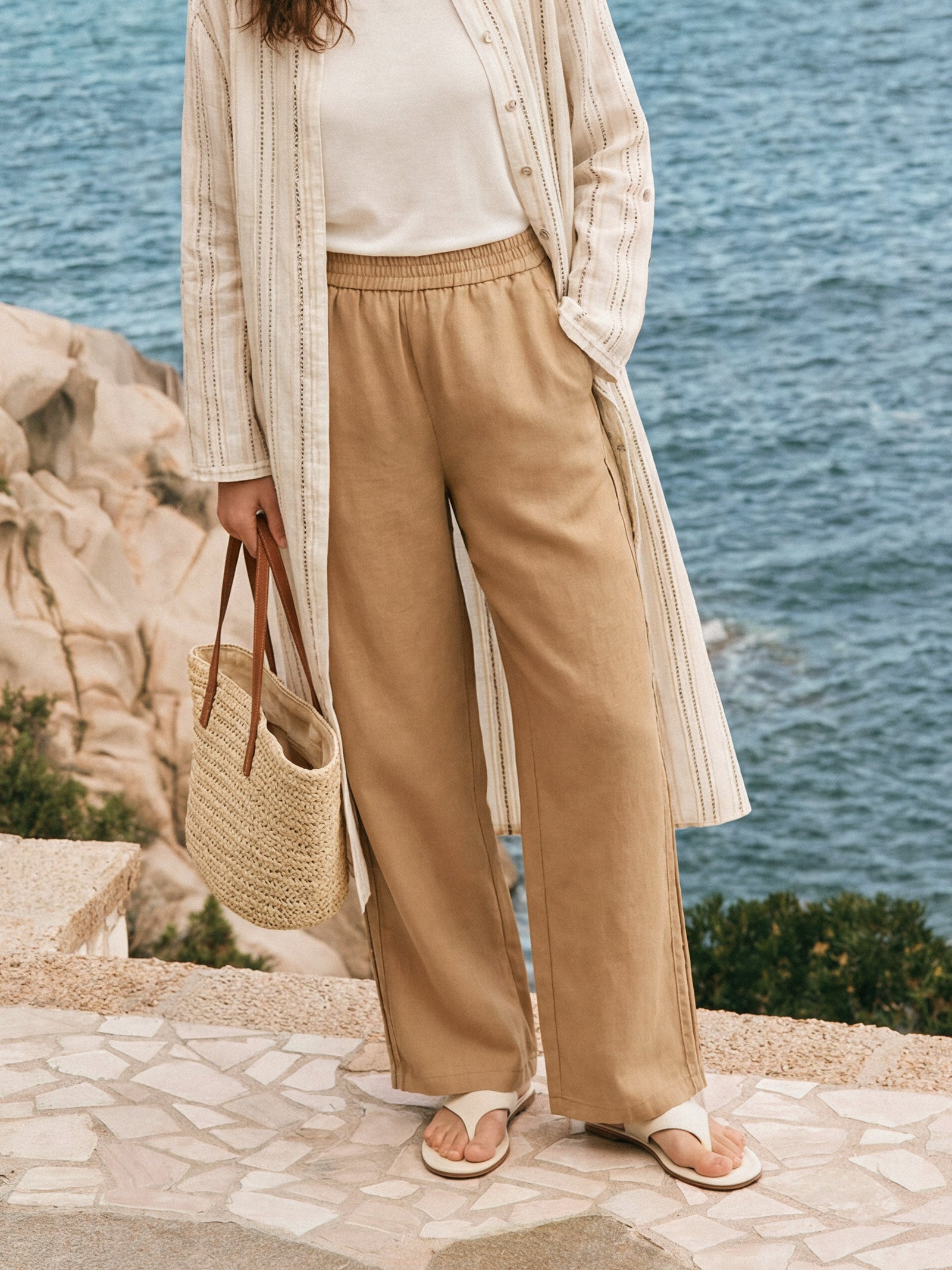 LINTICO 100% Linen Hemstitch Wide Leg Trousers LEONTINE — construction detail