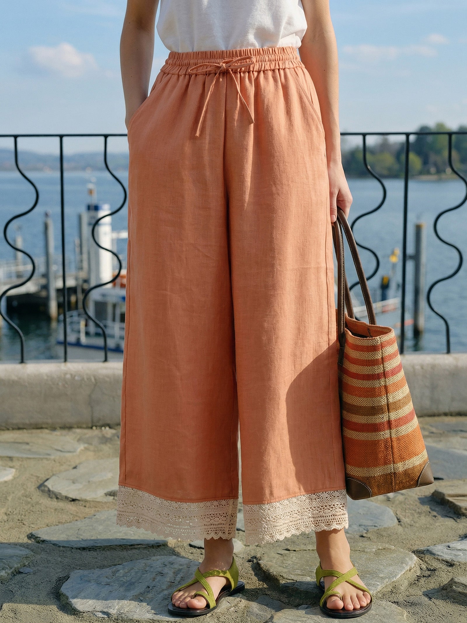 LINTICO 100% Linen Lace-Hem Wide-Leg Pants DARBY — construction detail