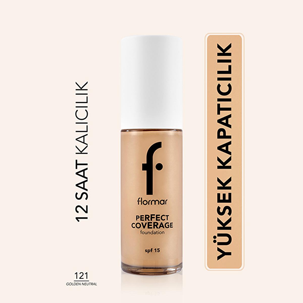Flormar Perfect Coverage Foundation 121 Golden Neutral - Long-Lasting, SPF 15 Foundation for All Skin Types