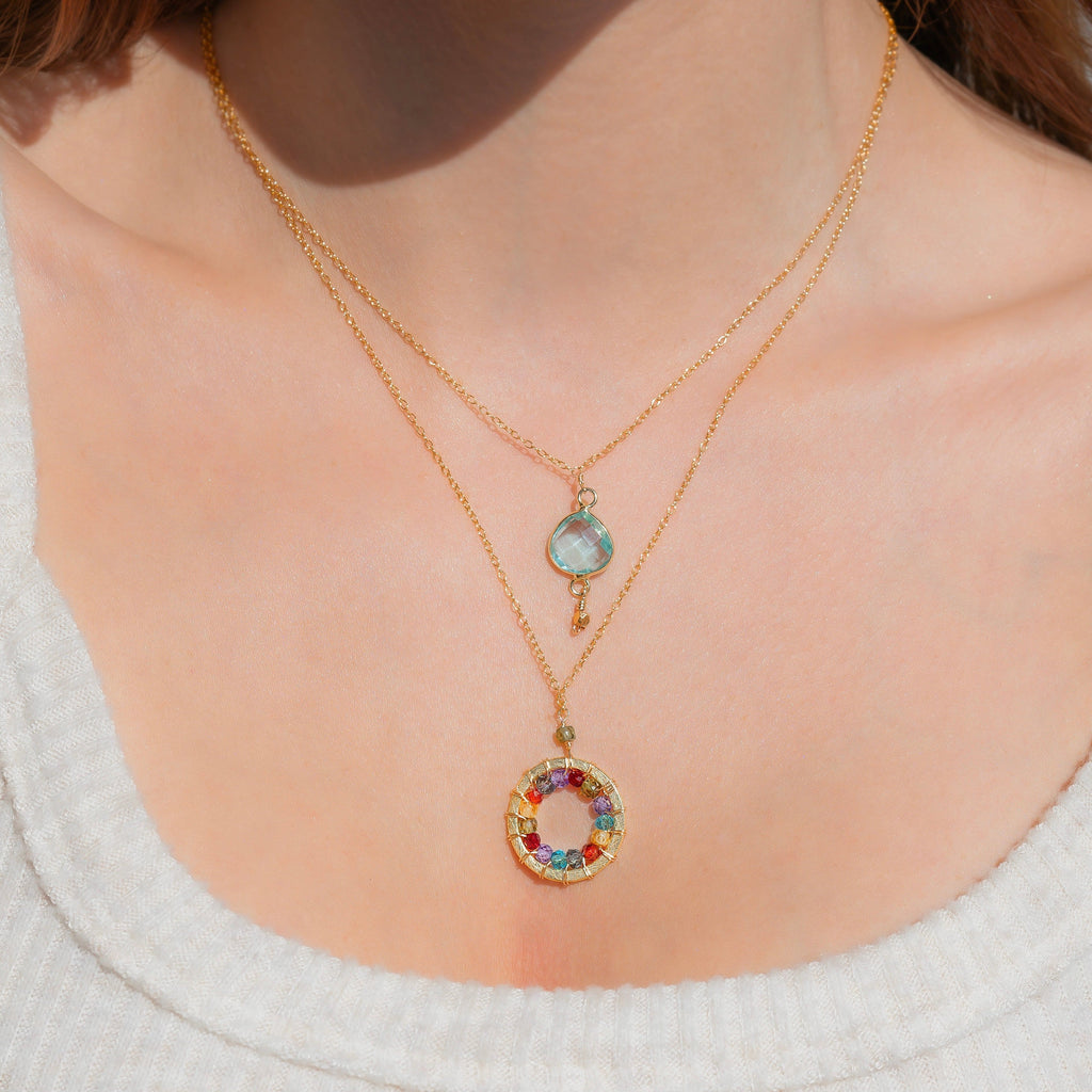 PARKEN JEWELRY London Blue Quartz, Rainbow Gemstone and Amethyst Halo Mini Gold Pendants — PARKEN JEWELRY branding close-up