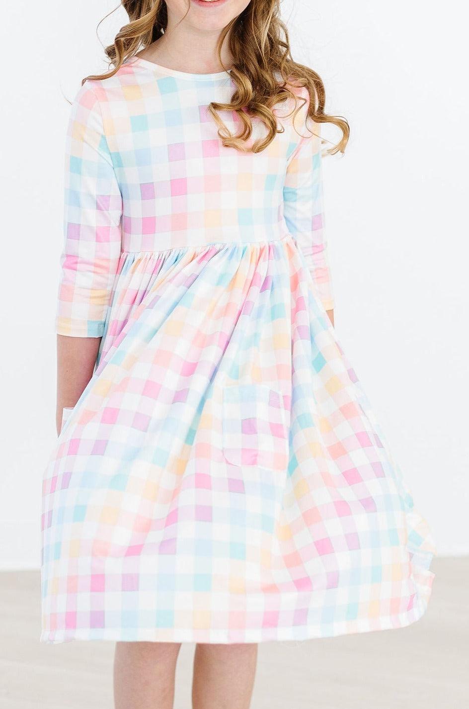 Mila & Rose ® Pastel Plaid 3/4 Sleeve Pocket Twirl Dress — detail close-up