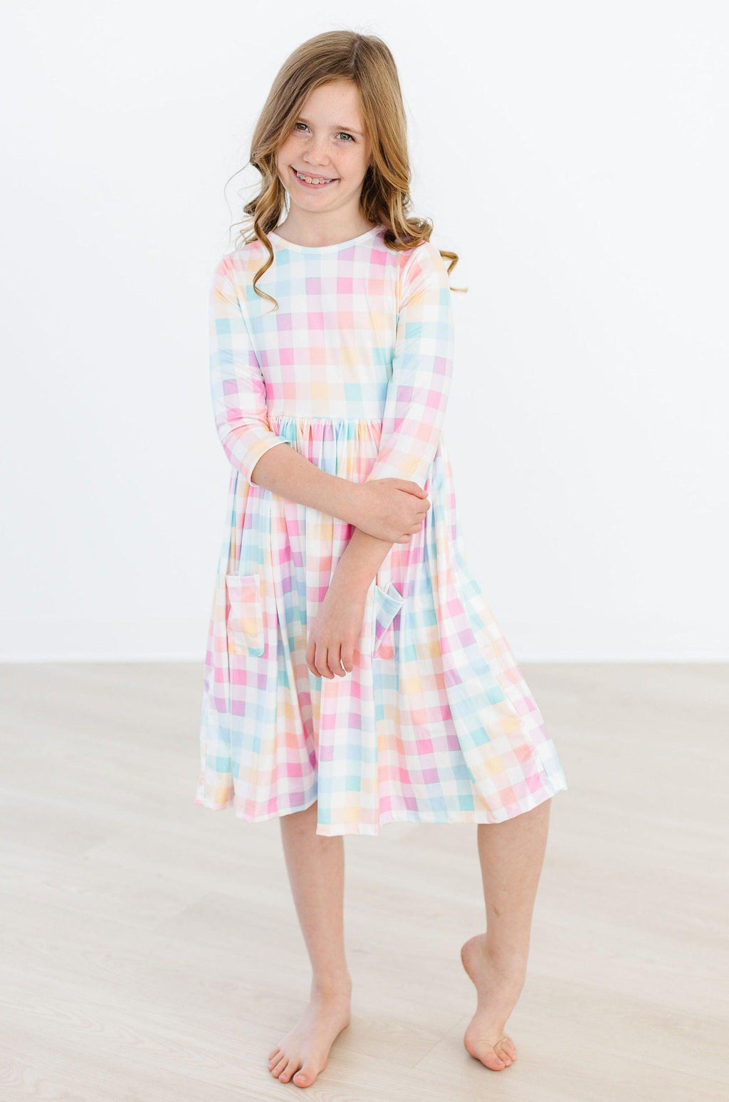 Mila & Rose ® Pastel Plaid 3/4 Sleeve Pocket Twirl Dress — lifestyle context