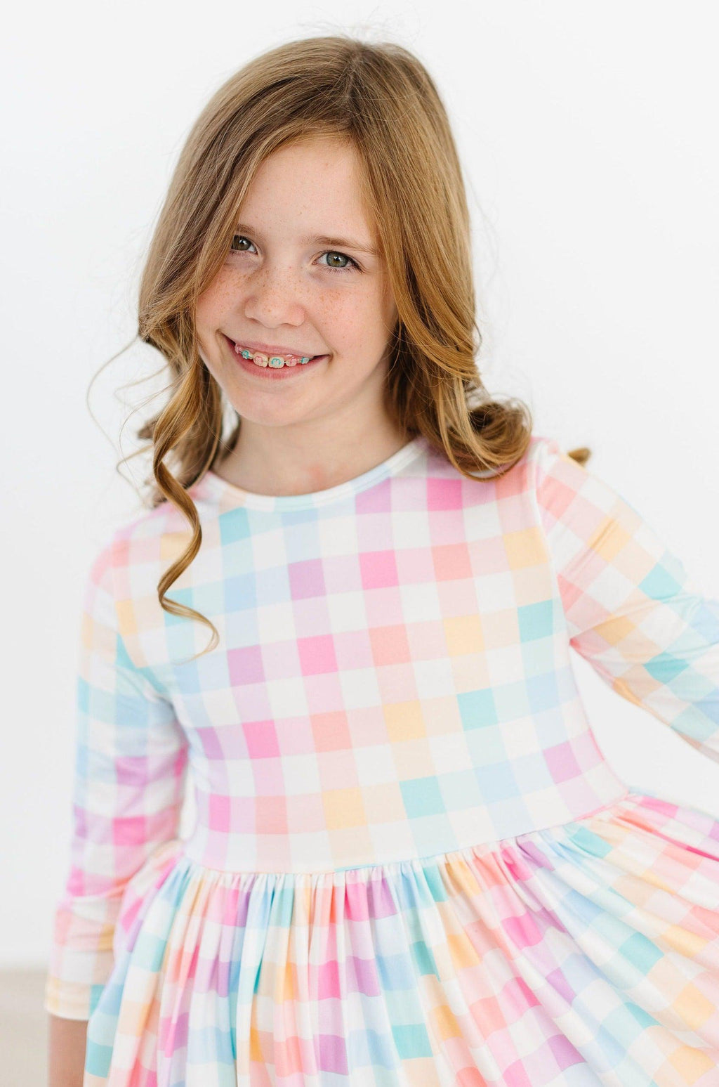 Mila & Rose ® Pastel Plaid 3/4 Sleeve Pocket Twirl Dress — side view