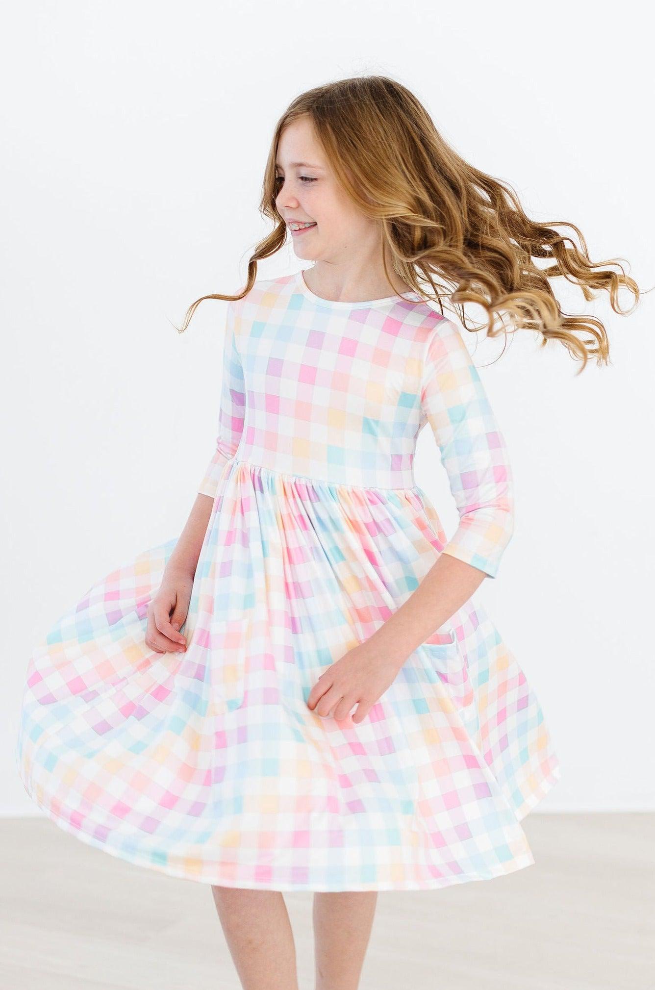 Mila & Rose ® Pastel Plaid 3/4 Sleeve Pocket Twirl Dress — back view