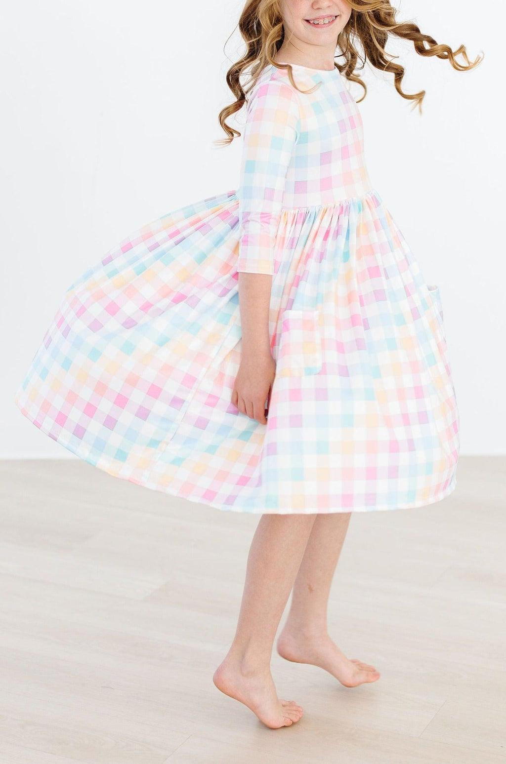 Mila & Rose ® Pastel Plaid 3/4 Sleeve Pocket Twirl Dress — alternative angle
